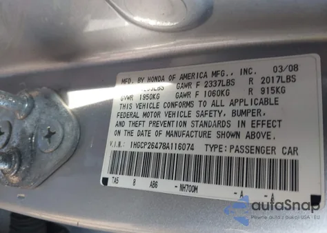 2008 Honda Accord 2.4 Lx-P z USA, uszkodzony, nr VIN 1HGCP26478A116074